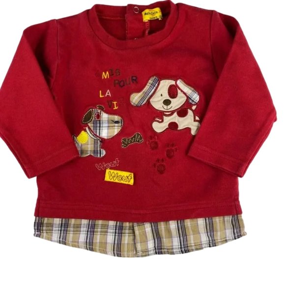 Malin Calin French Red Layered Plaid Puppies Long Sleeve Tee Size 12M - Picture 1 of 8